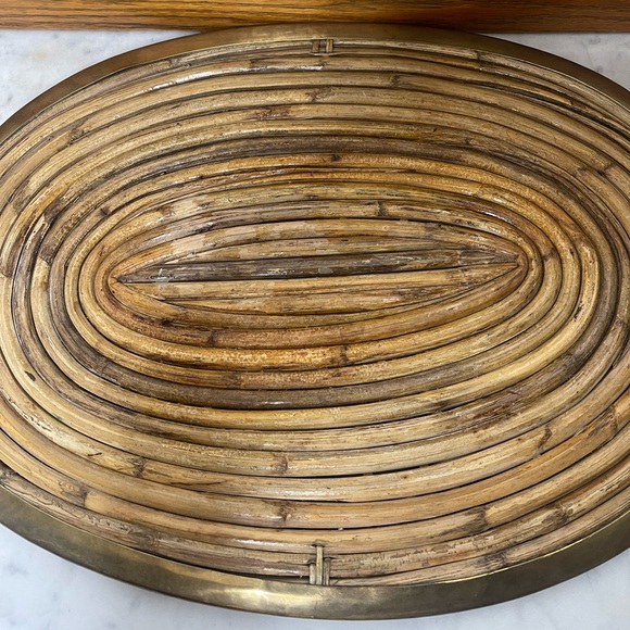 Mcm Italian pencil reed & brass oval serving tray, in style of Gabriella Crespi